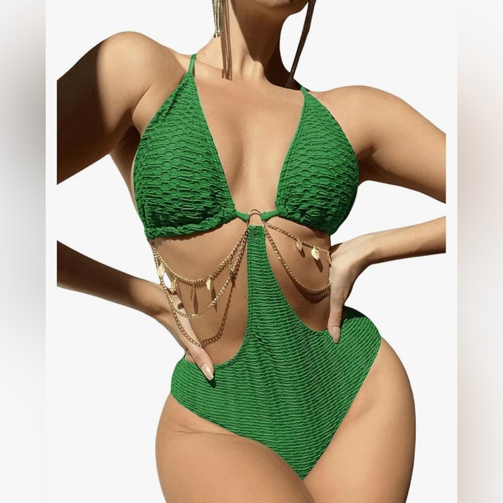 NEW Chain Linked Cut Out Halter 1 Pc Swimsuit Tummy Control Bathing Suit M